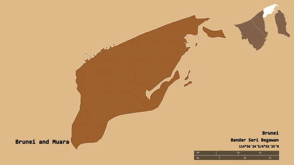 文莱和文莱的Muara地区的形状 其首都在坚实的背景下与世隔绝 距离尺度 区域预览和标签 图形纹理的组成 3D渲染 — 图库照片