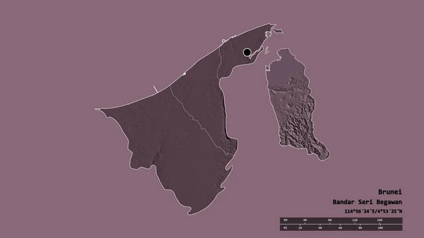 主要な地域部門と分離したテンプロン地域とブルネイの荒廃した形 ラベル 色の標高マップ 3Dレンダリング — ストック写真