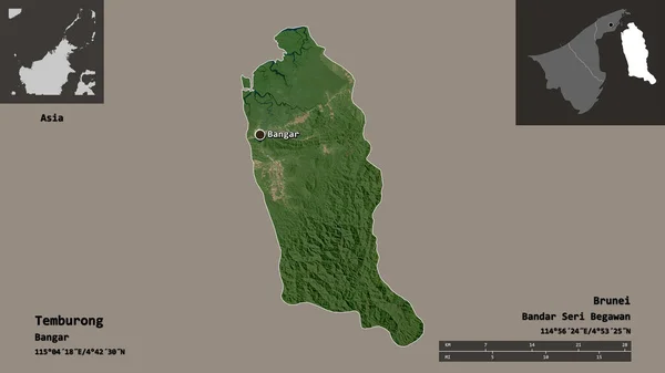 文莱Temburong地区的形状及其首都 距离刻度 预览和标签 卫星图像 3D渲染 — 图库照片
