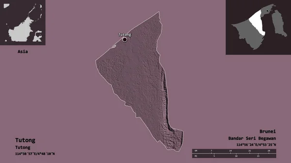 ブルネイのツトン地区とその首都の形 距離スケール プレビューおよびラベル 色の標高マップ 3Dレンダリング — ストック写真
