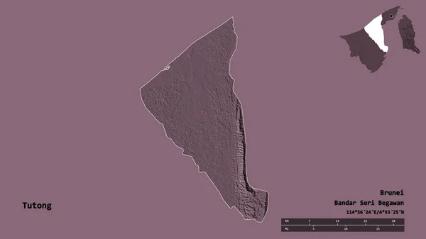 ブルネイの首都トゥトンの形は しっかりとした背景に隔離されています 距離スケール リージョンプレビュー およびラベル 色の標高マップ 3Dレンダリング — ストック写真