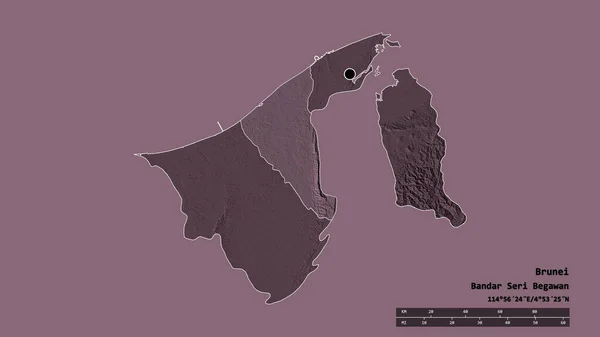 主要な地域部門と分離ツトン地域とブルネイの荒廃した形 ラベル 色の標高マップ 3Dレンダリング — ストック写真