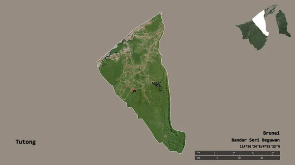 文莱图通地区的形状 其首都在坚实的背景下与世隔绝 距离尺度 区域预览和标签 卫星图像 3D渲染 — 图库照片