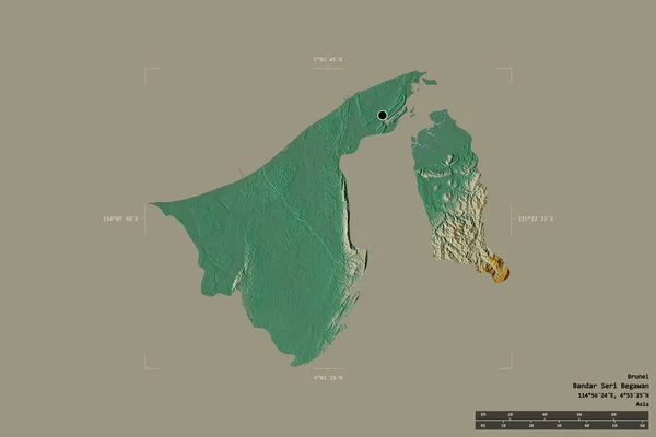 ブルネイの地域は 洗練された境界線の箱の中にしっかりとした背景に隔離されました 主な地域部門 距離スケール ラベル 地形図 3Dレンダリング — ストック写真