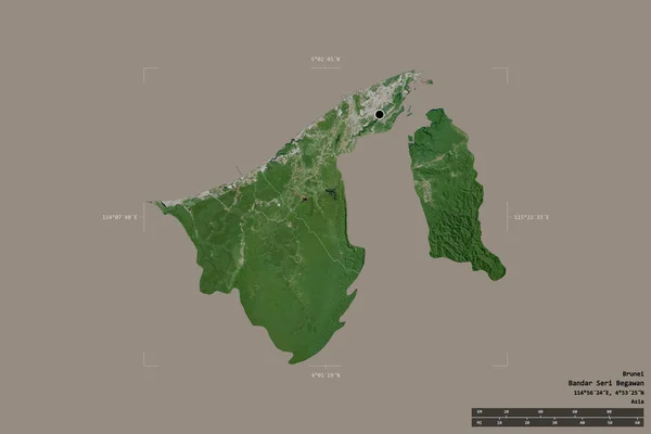 Area of Brunei isolated on a solid background in a georeferenced bounding box. Main regional division, distance scale, labels. Satellite imagery. 3D rendering