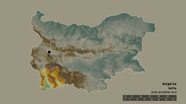 以首都 主要区域分部和分离的布拉戈耶格勒地区为首都的保加利亚的绝望状态 地形浮雕图 3D渲染 — 图库照片