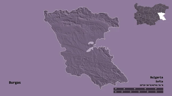 ブルガリアの州であるブルガスの形で その首都はしっかりとした背景に隔離されています 距離スケール リージョンプレビュー およびラベル 色の標高マップ 3Dレンダリング — ストック写真