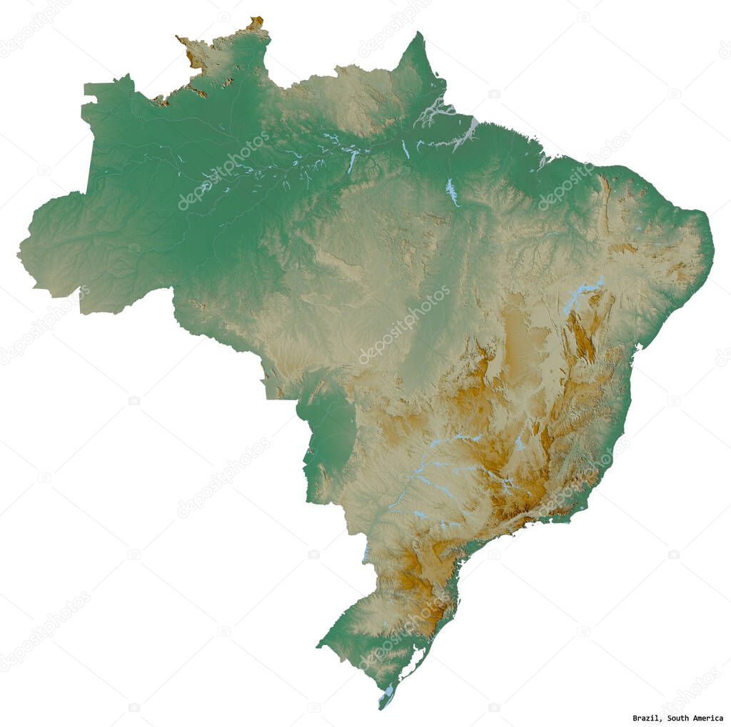 Shape of Brazil with its capital isolated on white background. Topographic relief map. 3D rendering