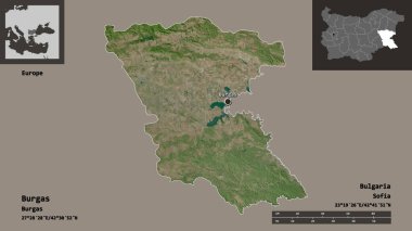 Burgaz, Bulgaristan ili ve başkenti şeklindedir. Uzaklık ölçeği, ön gösterimler ve etiketler. Uydu görüntüleri. 3B görüntüleme