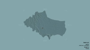 Bulgaristan 'ın Dobrich ilinin Dobrich bölgesi, jeoreferatlı bir sınır kutusunun sağlam bir arka planında izole edilmiş durumda. Etiketler. Renkli yükseklik haritası. 3B görüntüleme
