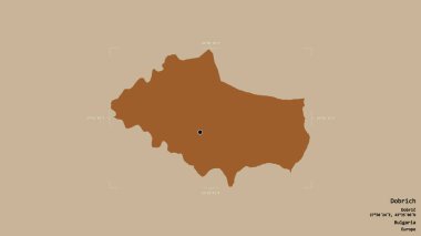 Bulgaristan 'ın Dobrich ilinin Dobrich bölgesi, jeoreferatlı bir sınır kutusunun sağlam bir arka planında izole edilmiş durumda. Etiketler. Desenli dokuların bileşimi. 3B görüntüleme
