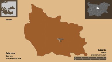 Bulgaristan 'ın Gabrovo ili ve başkenti. Uzaklık ölçeği, ön gösterimler ve etiketler. Desenli dokuların bileşimi. 3B görüntüleme