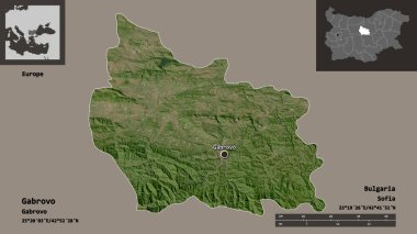 Bulgaristan 'ın Gabrovo ili ve başkenti. Uzaklık ölçeği, ön gösterimler ve etiketler. Uydu görüntüleri. 3B görüntüleme