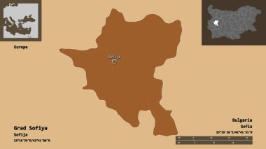 Bulgaristan ili ve başkenti Grad Sofiya 'nın şekli. Uzaklık ölçeği, ön gösterimler ve etiketler. Desenli dokuların bileşimi. 3B görüntüleme