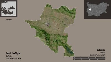 Bulgaristan ili ve başkenti Grad Sofiya 'nın şekli. Uzaklık ölçeği, ön gösterimler ve etiketler. Uydu görüntüleri. 3B görüntüleme