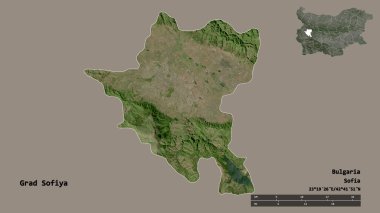 Bulgaristan 'ın başkenti sağlam bir zemin üzerinde izole edilmiş olan Grad Sofiya' nın şekli. Uzaklık ölçeği, bölge önizlemesi ve etiketleri. Uydu görüntüleri. 3B görüntüleme