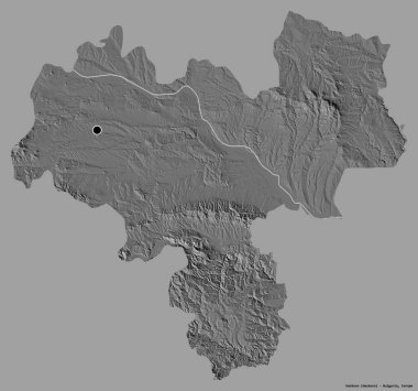 Bulgaristan 'ın Haskovo ili, başkenti sağlam bir renk zeminine sahip. Çift seviyeli yükseklik haritası. 3B görüntüleme
