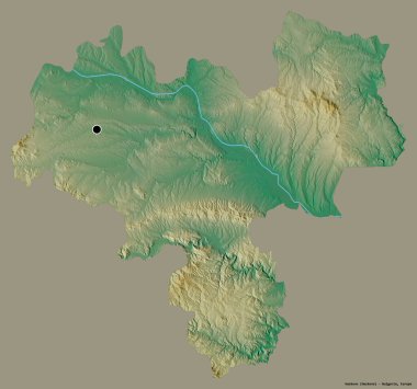 Bulgaristan 'ın Haskovo ili, başkenti sağlam bir renk zeminine sahip. Topografik yardım haritası. 3B görüntüleme