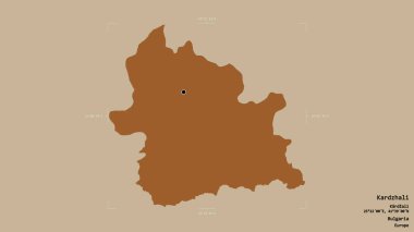 Bulgaristan 'ın Kardzhali ili bölgesi, jeoreferatlı bir sınır kutusunun sağlam bir arka planında izole edilmiş durumda. Etiketler. Desenli dokuların bileşimi. 3B görüntüleme