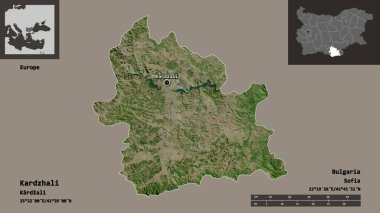 Bulgaristan 'ın Kardzhali ili ve başkenti. Uzaklık ölçeği, ön gösterimler ve etiketler. Uydu görüntüleri. 3B görüntüleme