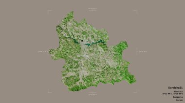 Bulgaristan 'ın Kardzhali ili bölgesi, jeoreferatlı bir sınır kutusunun sağlam bir arka planında izole edilmiş durumda. Etiketler. Uydu görüntüleri. 3B görüntüleme