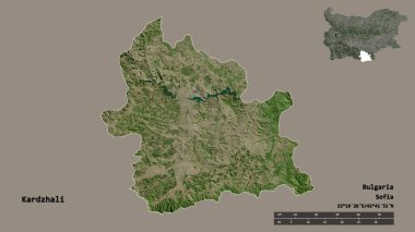 Bulgaristan 'ın Kardzhali ili, başkenti sağlam bir zemin üzerinde izole edilmiş durumda. Uzaklık ölçeği, bölge önizlemesi ve etiketleri. Uydu görüntüleri. 3B görüntüleme