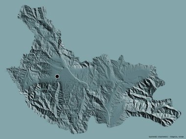 Bulgaristan 'ın Kyustendil ili, başkenti katı renk arka planına izole edilmiş durumda. Renkli yükseklik haritası. 3B görüntüleme
