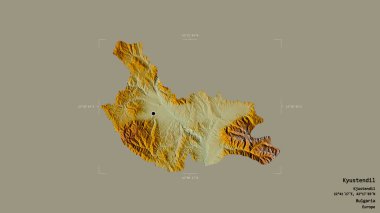 Bulgaristan 'ın Kyustendil ilinin bir bölgesi, jeoreferatlı bir sınır kutusunda sağlam bir zemin üzerinde izole edilmiş durumda. Etiketler. Topografik yardım haritası. 3B görüntüleme