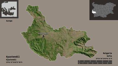 Bulgaristan 'ın Kyustendil ili ve başkenti. Uzaklık ölçeği, ön gösterimler ve etiketler. Uydu görüntüleri. 3B görüntüleme