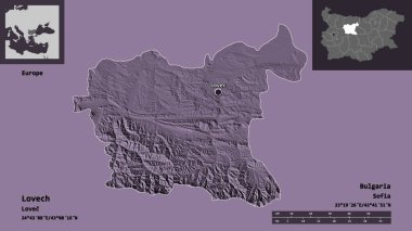 Lovech 'in şekli, Bulgaristan ili ve başkenti. Uzaklık ölçeği, ön gösterimler ve etiketler. Renkli yükseklik haritası. 3B görüntüleme