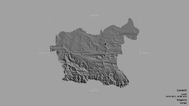 Bulgaristan 'ın Lovech ili bölgesi, jeoreferatlı bir sınır kutusunun sağlam bir arka planında izole edilmiş durumda. Etiketler. Çift seviyeli yükseklik haritası. 3B görüntüleme