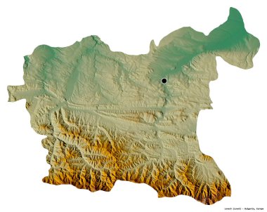 Bulgaristan 'ın Lovech ili, başkenti beyaz arka planda izole edilmiş durumda. Topografik yardım haritası. 3B görüntüleme