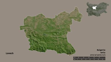Bulgaristan 'ın Lovech ili, başkenti sağlam bir zemin üzerinde izole edilmiş durumda. Uzaklık ölçeği, bölge önizlemesi ve etiketleri. Uydu görüntüleri. 3B görüntüleme