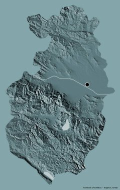 Bulgaristan 'ın Pazardzhik ili, başkenti katı renk arka planına izole edilmiş durumda. Renkli yükseklik haritası. 3B görüntüleme