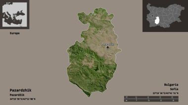 Pazardzhik, Bulgaristan ili ve başkenti. Uzaklık ölçeği, ön gösterimler ve etiketler. Uydu görüntüleri. 3B görüntüleme