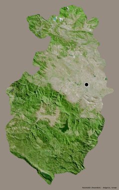 Bulgaristan 'ın Pazardzhik ili, başkenti katı renk arka planına izole edilmiş durumda. Uydu görüntüleri. 3B görüntüleme