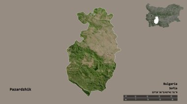 Bulgaristan 'ın Pazardzhik ili, başkenti sağlam bir zemin üzerinde izole edilmiş durumda. Uzaklık ölçeği, bölge önizlemesi ve etiketleri. Uydu görüntüleri. 3B görüntüleme