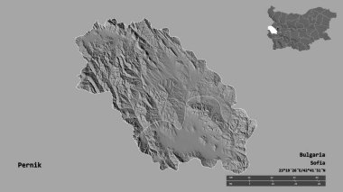 Bulgaristan 'ın Pernik ili, başkenti sağlam bir zemin üzerinde izole edilmiş durumda. Uzaklık ölçeği, bölge önizlemesi ve etiketleri. Çift seviyeli yükseklik haritası. 3B görüntüleme