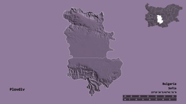 Bulgaristan 'ın Filibe ili, başkenti sağlam bir zemin üzerinde izole edilmiş durumda. Uzaklık ölçeği, bölge önizlemesi ve etiketleri. Renkli yükseklik haritası. 3B görüntüleme