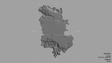 Bulgaristan 'ın Filibe kenti bölgesi, jeoreferatlı bir sınır kutusunun sağlam bir arka planında izole edilmiş durumda. Etiketler. Çift seviyeli yükseklik haritası. 3B görüntüleme