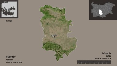 Filibe 'nin şekli, Bulgaristan ili ve başkenti. Uzaklık ölçeği, ön gösterimler ve etiketler. Uydu görüntüleri. 3B görüntüleme