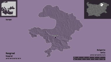 Bulgaristan 'ın Razgrad ili ve başkenti. Uzaklık ölçeği, ön gösterimler ve etiketler. Renkli yükseklik haritası. 3B görüntüleme