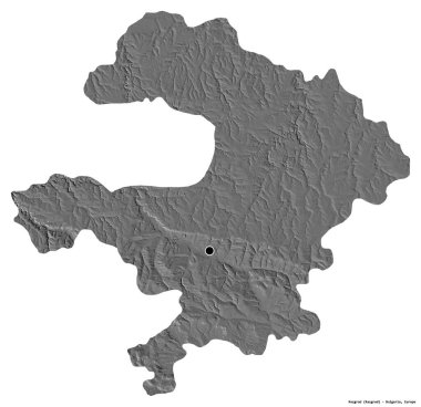 Bulgaristan 'ın Razgrad eyaleti, başkenti beyaz arka planda izole edilmiş. Çift seviyeli yükseklik haritası. 3B görüntüleme