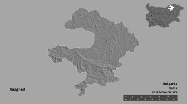Bulgaristan 'ın Razgrad ili, başkenti sağlam bir zemin üzerinde izole edilmiş durumda. Uzaklık ölçeği, bölge önizlemesi ve etiketleri. Çift seviyeli yükseklik haritası. 3B görüntüleme