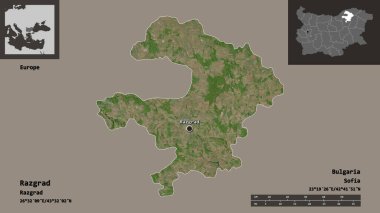 Bulgaristan 'ın Razgrad ili ve başkenti. Uzaklık ölçeği, ön gösterimler ve etiketler. Uydu görüntüleri. 3B görüntüleme