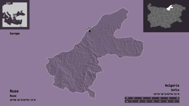 Bulgaristan 'ın Ruse ili ve başkenti. Uzaklık ölçeği, ön gösterimler ve etiketler. Renkli yükseklik haritası. 3B görüntüleme