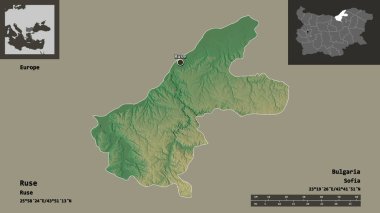 Bulgaristan 'ın Ruse ili ve başkenti. Uzaklık ölçeği, ön gösterimler ve etiketler. Topografik yardım haritası. 3B görüntüleme