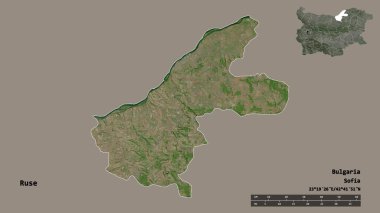 Bulgaristan 'ın Rusçuk ili, başkenti sağlam bir zemin üzerinde izole edilmiş durumda. Uzaklık ölçeği, bölge önizlemesi ve etiketleri. Uydu görüntüleri. 3B görüntüleme