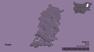 Bulgaristan 'ın Shumen ili, başkenti sağlam bir zemin üzerinde izole edilmiş durumda. Uzaklık ölçeği, bölge önizlemesi ve etiketleri. Renkli yükseklik haritası. 3B görüntüleme