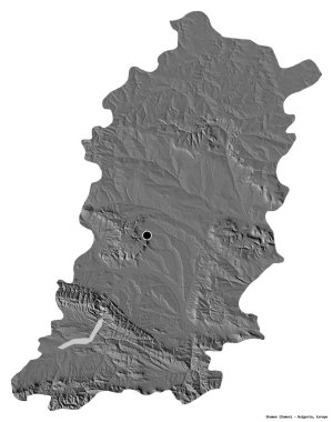 Bulgaristan 'ın Shumen ili, başkenti beyaz arka planda izole edilmiş durumda. Çift seviyeli yükseklik haritası. 3B görüntüleme